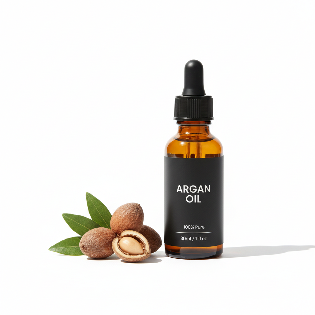 Atlas Glow Argan Oil 30ml bottle with argan nuts and leaves